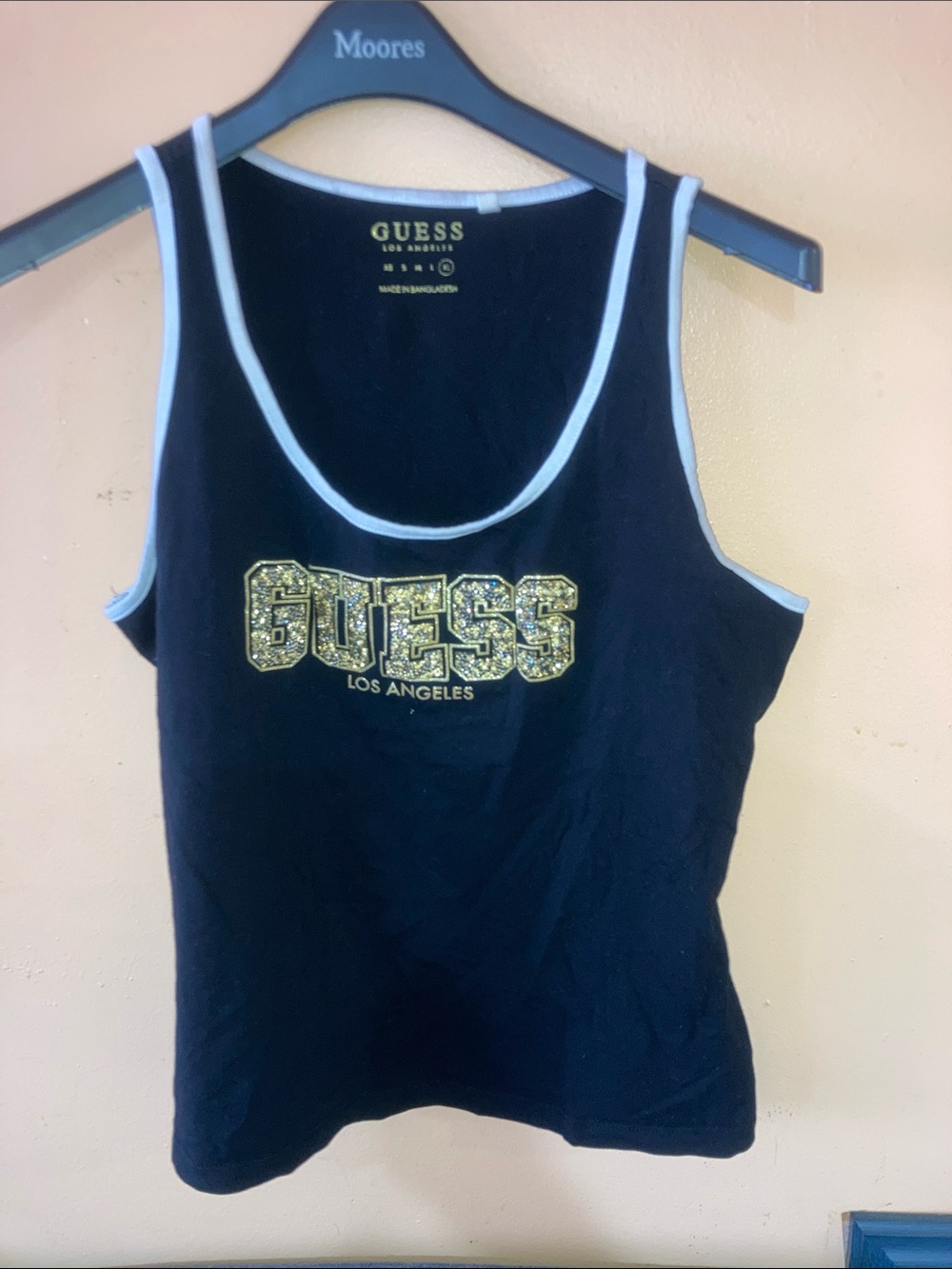 GUESS Black Tank with Gold Sequin Logo and White Trim